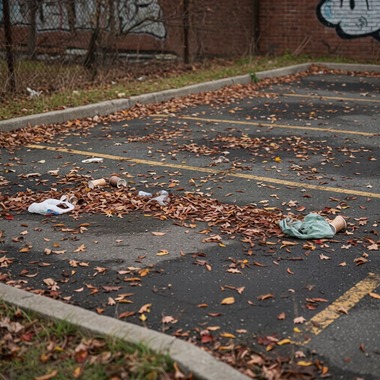 Plaza de parking sucia, con hojas y papeles antes de limpiar.