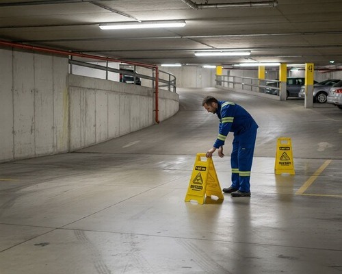 Trabajador de limpieza de parking utilizando señales de precaución para mejorar la seguridad.
