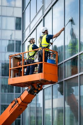 Trabajadores de servicio de limpieza de cristales en altura utilizando una plataforma elevadora para limpiar.